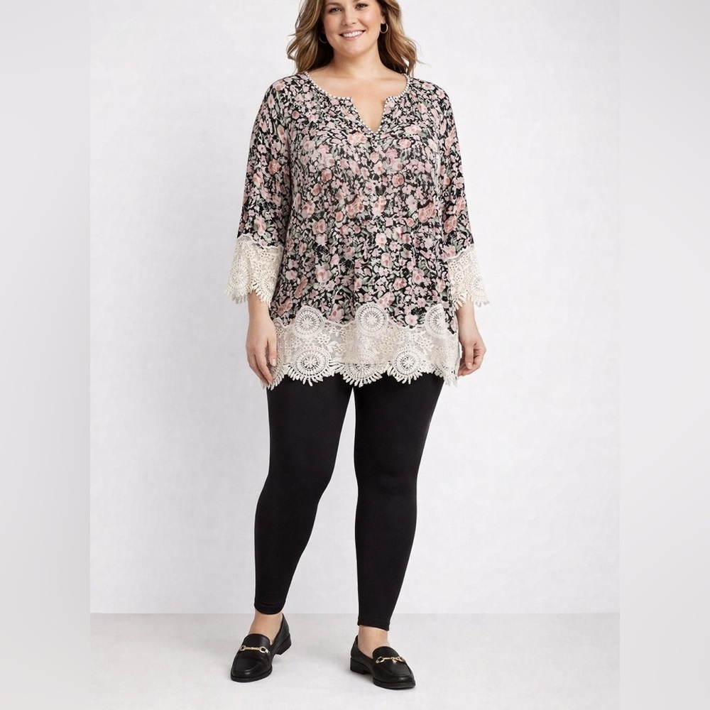 TAMSY Floral Crochet Trimmed Top Women’s 1X Romantic Grandma Cottagecore